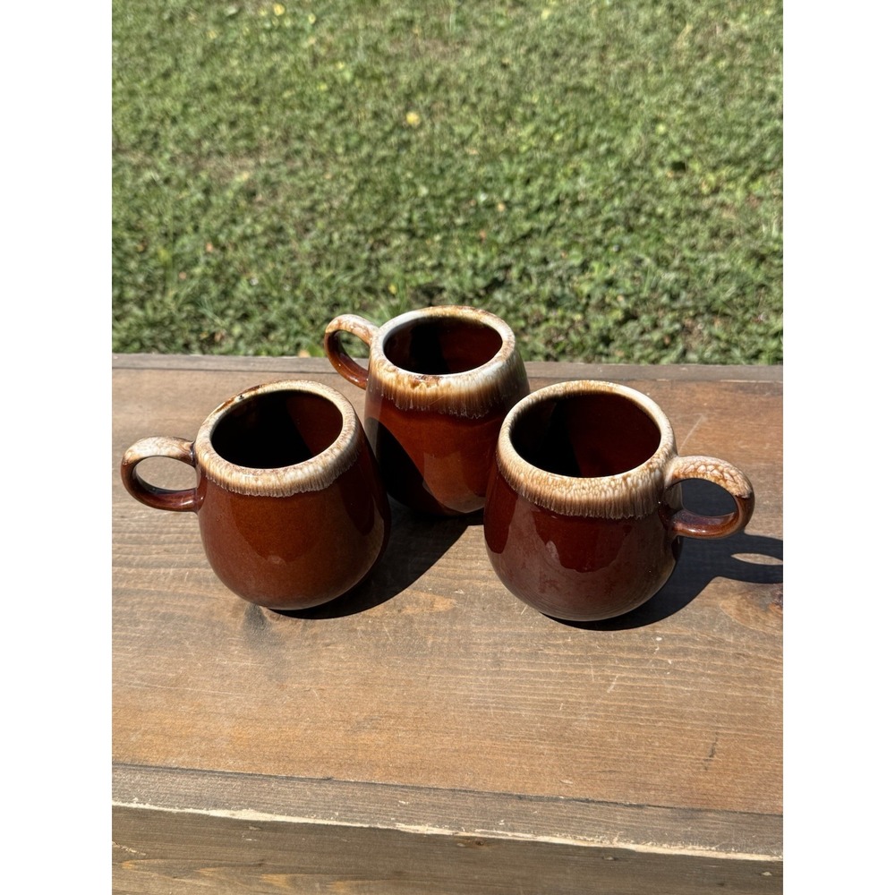 3 McCoy Round Handle Mugs Cups Brown Drip Glazed Rolly Poly POTTERY USA 7025